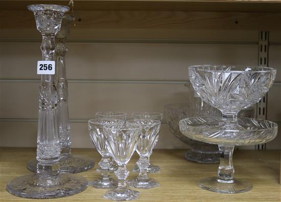 A pair of cut glass candlesticks and other cut glass